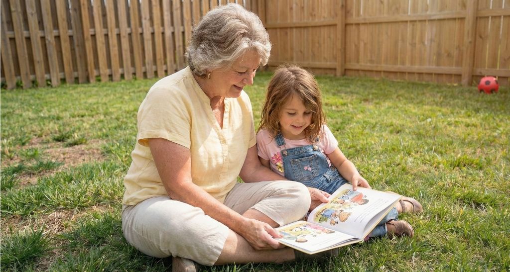 Grandmother playing with grandchild outdoors