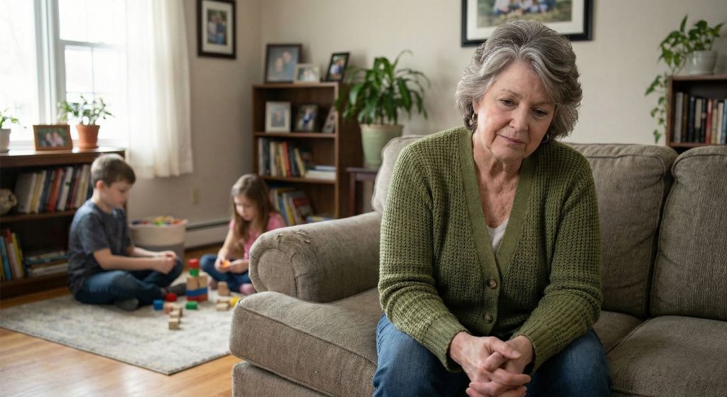 Tired grandmother sitting alone